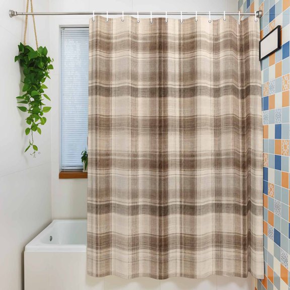 Brown Plaid Shower Curtain for Bathroom Decor, Farmhouse Cream Beige Line Striped Rustic Square Waterproof Fabric Shower Curtain, 72"x78" Set with 12 Hooks