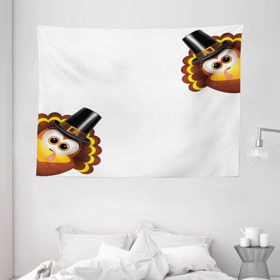Turkey Tapestry, Silly Turkey Cartoon Animal Characters with Pilgrims Hat Autumn Feast Day, Wall Hanging for Bedroom Living Room Dorm Decor, 80W X 60L Inches, Brown Black Yellow, by Ambesonne