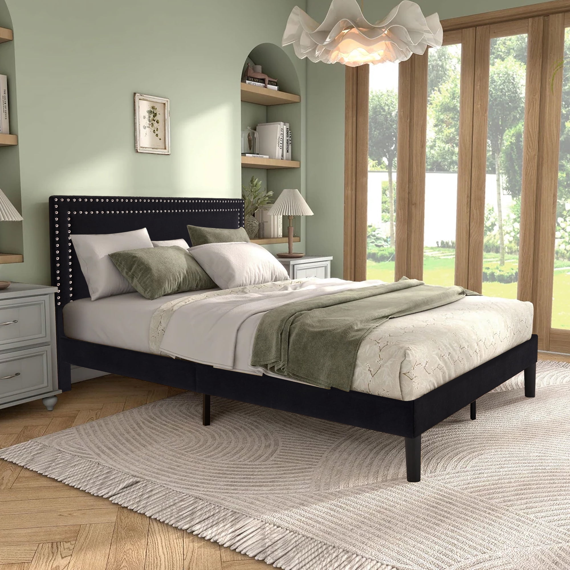 VECELO Queen Size Platform Bed Frame, Modern Upholstered Bed Frame with Adjustable Height & Nailhead Trim Headboard, No Box Spring Needed, Easy Assembly, Black