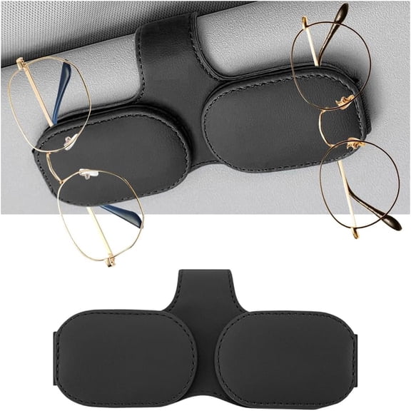 Hotpom Car Sun Visor Eyeglasses Holder, Magnetic PU Leather Sunglass Holder for Car Sun Visor, Universal Eyeglasses Hanger and Ticket Card Clip for Vehicle Visor, Black