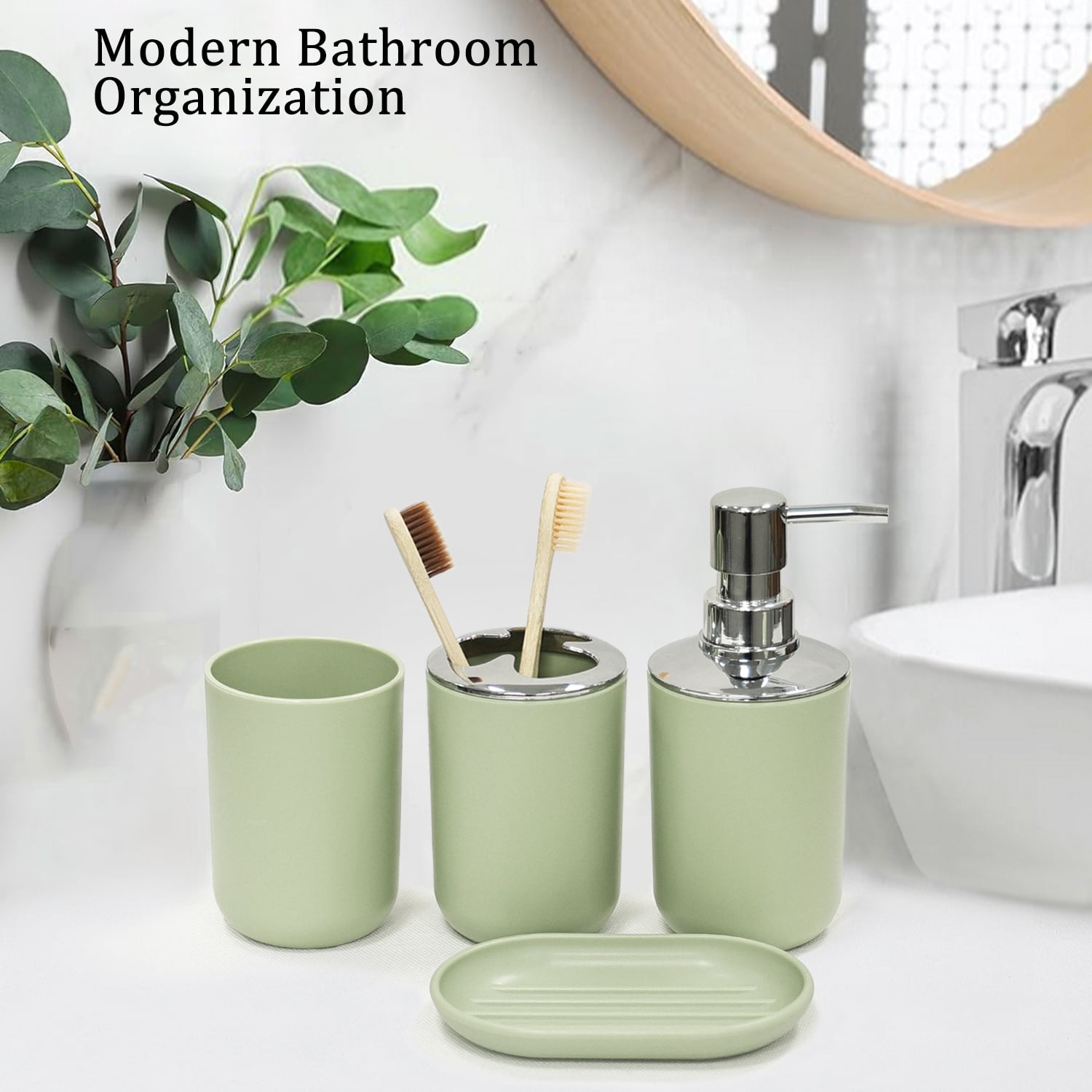 CERBIOR 6-Pieces Plastic Soap Dispenser Toothbrush Holder, Avocado Green