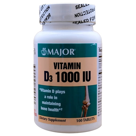 Major Vitamin D3 1000 IU Dietary Supplement Tablets, White, 100 Count
