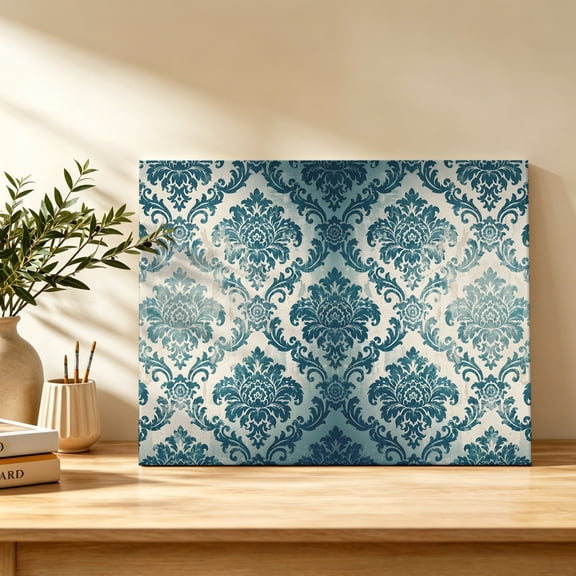 Teal Damask Canvas Wall Art, Flourish Scrolls Vintage Elegant Traditional French Wall Art Prints Artwork Framed Canvas Ready to Hang Art Pictures for Bathroom, Dressing Table, Entryway 12" x 8"