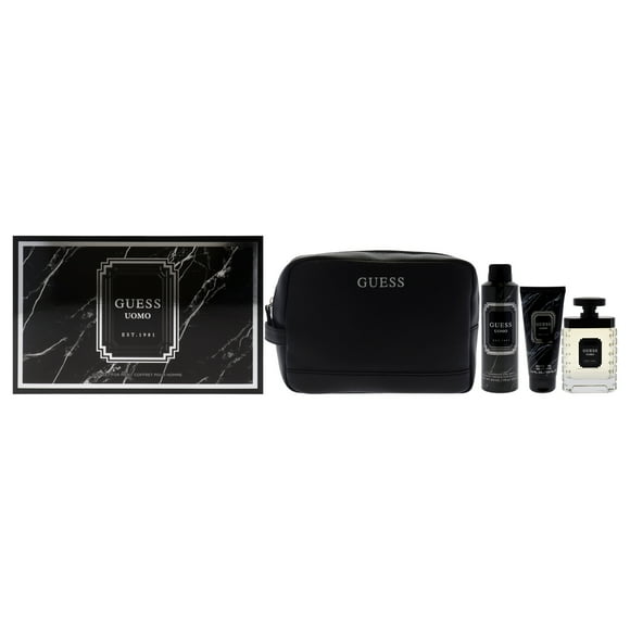 Guess Uomo par Guess pour Hommes - Ensemble Cadeau 4 Pcs Vaporisateur EDT 3.4oz, Vaporisateur Corporel Désodorisant 6oz, Gel Douche 3.4oz, Pochette