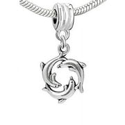 Sexy Sparkles Round Sea Dolphin Dangle Charm European Bead Compatible for Most European Snake Chain Bracelet - Zinc Metal Alloy
