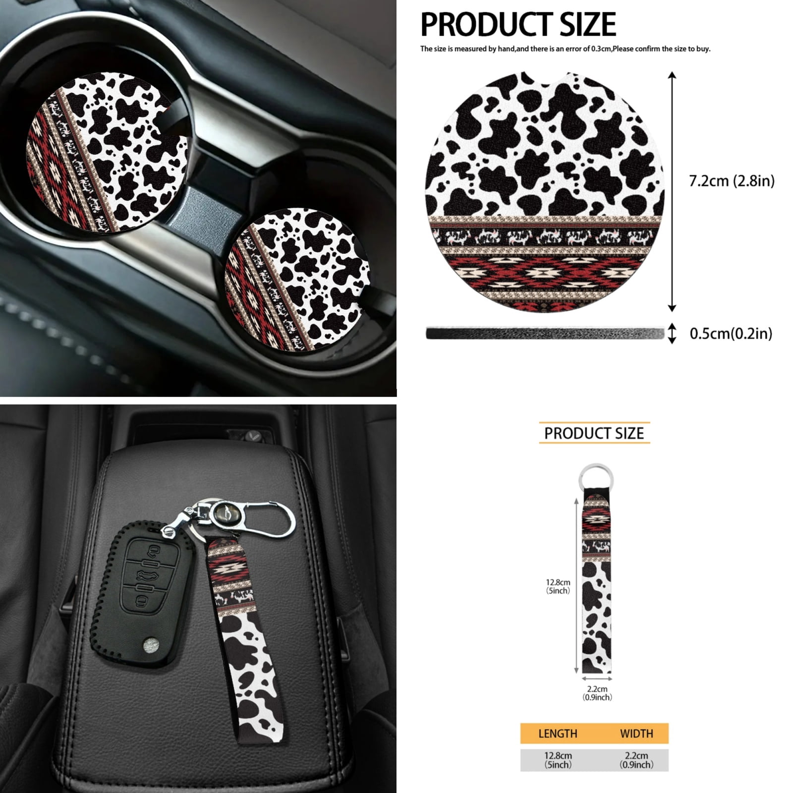 Yuyamidu Cow Print Car Front Seat Cover Set with Steering Wheel Cover Red Aztec Seat Belt Pads Armrest Cover Coasters Trash Bag Air Vent Storage Bag Rearview Mirror Cover Keychain, 12 Pack