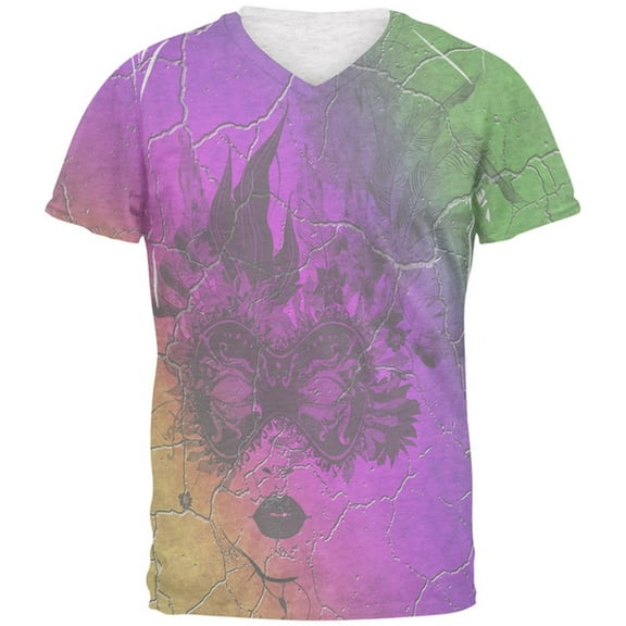 Mardi Gras Party Mask Distressed Grunge Flag Mens Soft V-Neck T Shirt Heather White 2XL