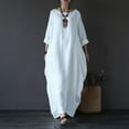 thumbnail image 1 of Vestido largo holgado para mujer, estilo playero, con vuelo amplio, de media manga, cuello redondo, de algodón y lino, estilo retro, tallas grandes, blanco, L-5XL, 1 of 8
