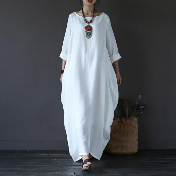 Vestido largo holgado para mujer, estilo playero, con vuelo amplio, de media manga, cuello redondo, de algodón y lino, estilo retro, tallas grandes, blanco, L-5XL