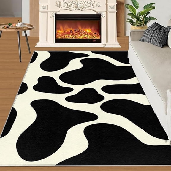 Black And White Area Rug, Cow Print Pattern Rugs For Living Room, With Anti-Slip Backing Washable Indoor Carpet For Living Room Bedroom Study Dining Room 3x4ft
