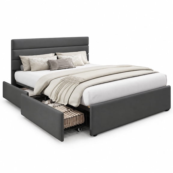 Queen Size Velvet Upholstered Bed Frame with 4 Storage Drawers and Headboard - Dark Grey Platform Bed with Reinforced Metal and Wooden Slats Support, Box Spring Not Required, Easy Assembly