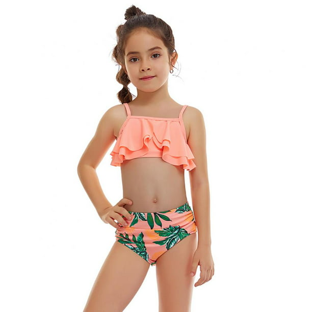 2-12 Yrs Girls Two-pieces Swimsuits Ruffle Bathing Suit Teen Girls Crop Top  + Striped Bikini Bottoms Swimwear Set 2-12t Kids Juniors Sunsuit Tankini  Suit for Beach & Swimming Pool 6-8 Years old -