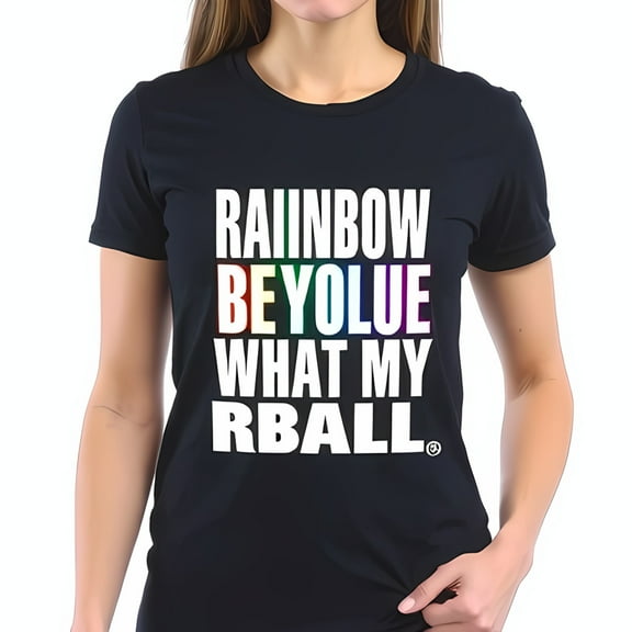 Rainbow Word T-Shirt - Black Cotton Short Sleeve Tee with Playful 'RAINBOW BEYOLUE WHAT MY RBALL' Design LGBTQ  Pride Graphic