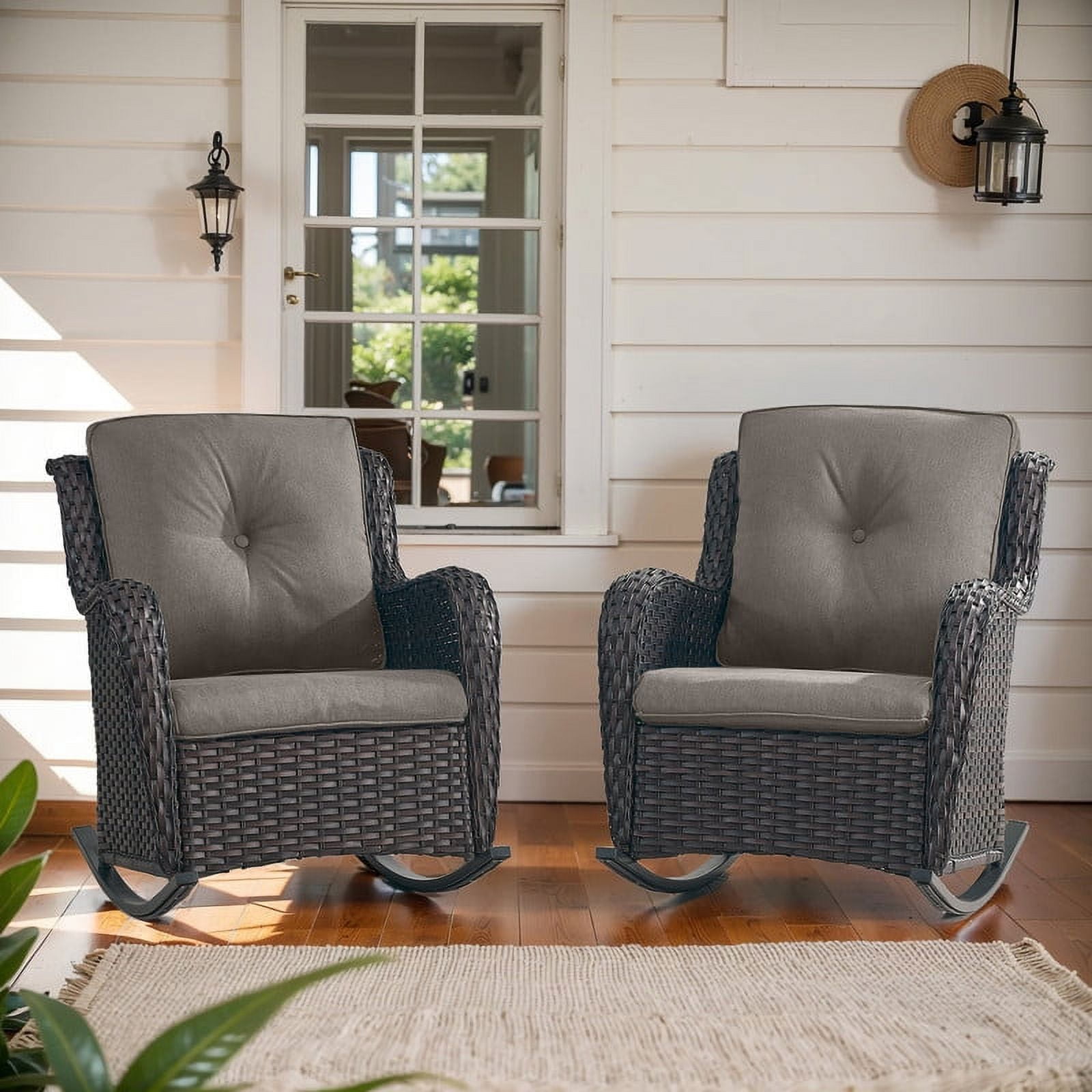 PARKWELL Outdoor Wicker Rocking Chair - Rattan Patio Rocker Chairs with Cushions and Steel Frame - Set of 2 - Gray