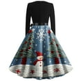 thumbnail image 4 of Christmas Dresses for Women Women's Christmas Printed Round Neck Big Hem Skirt Pleated Skirt Long Sleeved Dress with Snowman Print for Holiday Party,Blue,S, 4 of 5