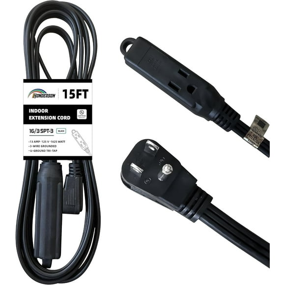 shiyou-3-Outlets Flat Plug Extension Cord Outlet Extender, UL Listed, Indoor Extension Cord 16 Gauge 15FT Black 3 Prong Flat Extension Cord Multiple Outlets, 16/3 SPT-3 13A Flat Plug Power Strip