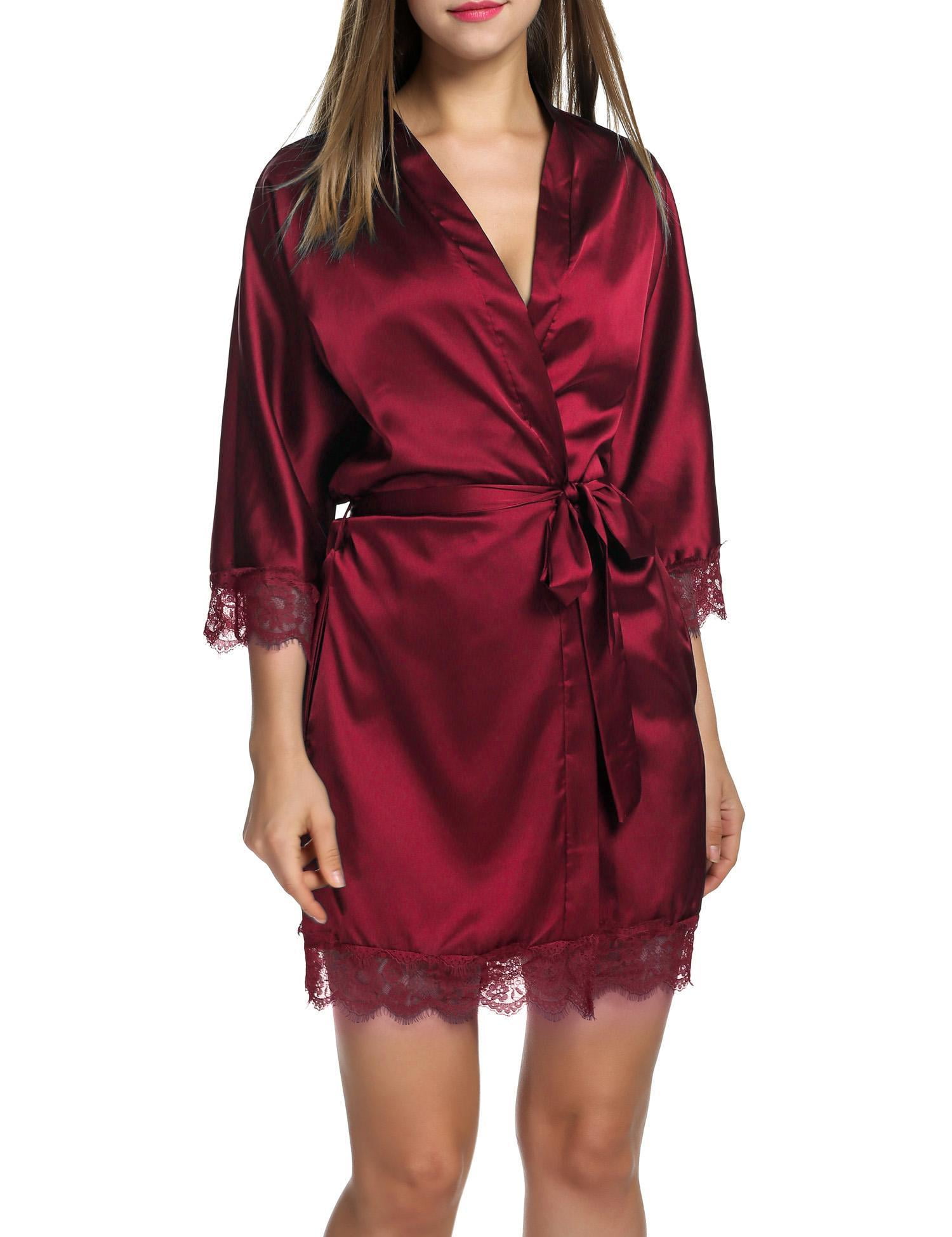 Hotouch Women's Lace Trim Silk Robe Short Satin Sleepwear Bride Robe 3/ ...
