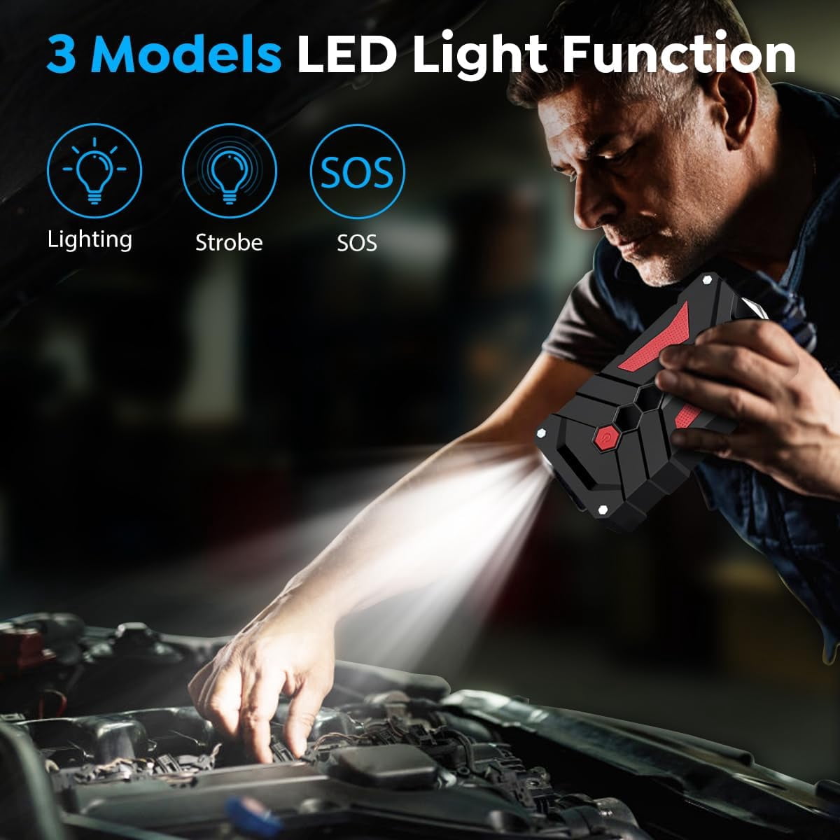 Emergency Jump Starter, 4000A Peak 14.8V Battery Jump Box with Quick Charge Out(Up to 6.0L Gas and 4.0L Diesel Engines), LED Light + Power Bank