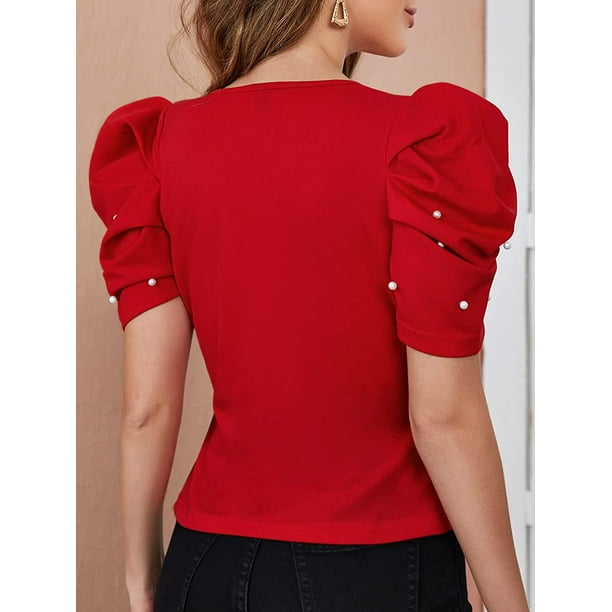 Blusa Casual de Manga abullonada para Mujer con Abertura en la Espalda Perlas rojas G Perlas rojas G Xishao ropa Walmart en linea