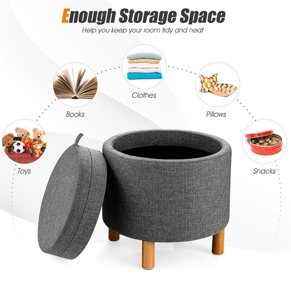 Finihen Round Fabric Storage Ottoman, Footrest Stool, Vanity Chair, Storage Ottoman with Tray and Non-Slip Pads, for Living Room, Bedroom, Gray Finihen Round Fabric Storage Ottoman, Footrest Stool, Vanity Chair, Storage Ottoman with Tray and Non-Slip Pads, for Living Room, Bedroom, Gray