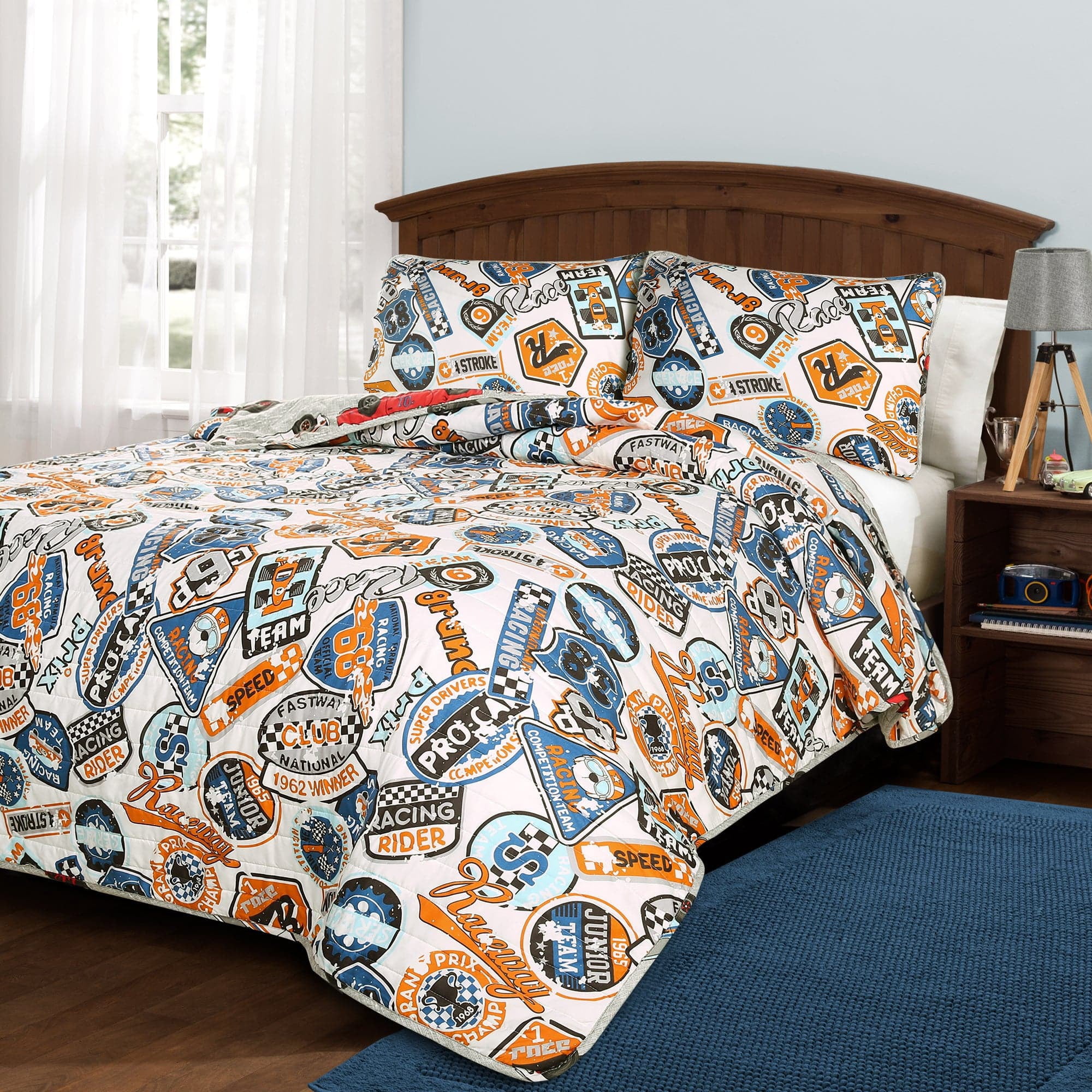 Lush Decor Race Cars Kids Polyester Reversible Quilt, Full/Queen, Blue/Orange, 3-Pc Set
