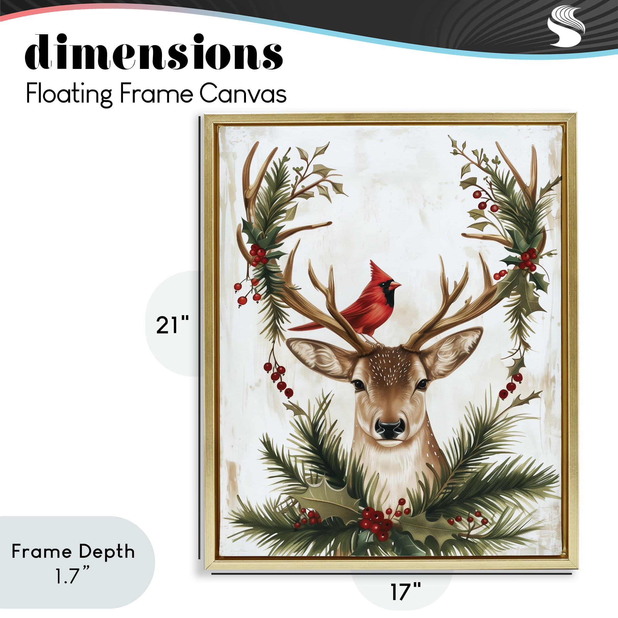 Stupell Industries Cardinal & Deer with Festive Flora Gold Framed Floater Canvas Wall Art, design by Acorn & Ivory Designs