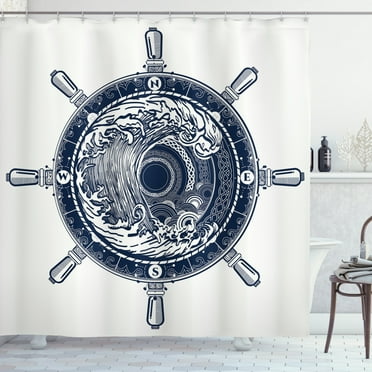 Ambesonne Adventure Shower Curtain, Sea Compass Tsunami, 69"Wx75"L, Dark Blue White
