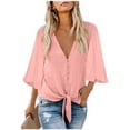 thumbnail image 2 of Camisa de mujer color sólido manga larga botón superior solapa blusa casual, rosa, l AweSitey AP001984-13, 2 of 5