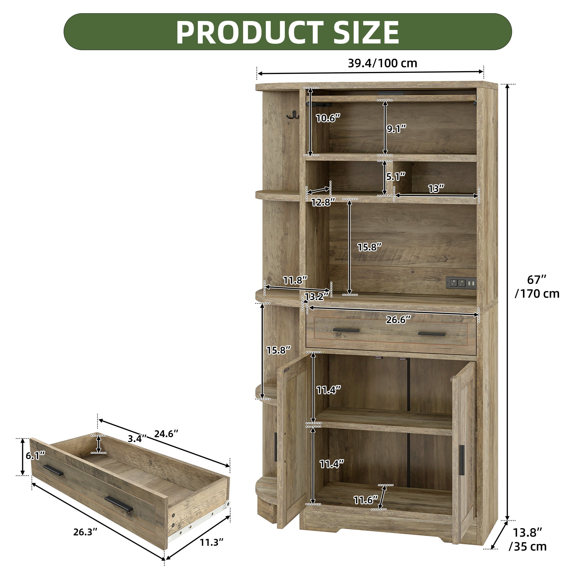 Uforic 67"H Pantry Storage Cabinet with Power Outlets, Kitchen Cabinet with Doors & Drawer, Ash Gray
