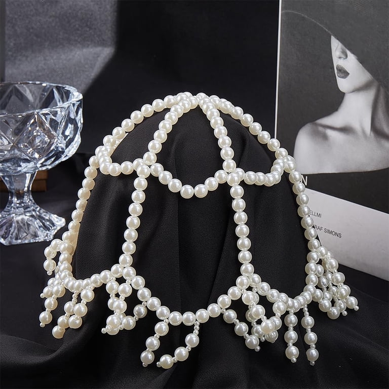 White Pearl Cap Headpiece 1920s Flapper Head Chain Beads  display picture 3