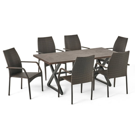 GDF Studio Marca Outdoor Wicker and Aluminum 7 Piece Dining Set, Multibrown, Brown, and Black