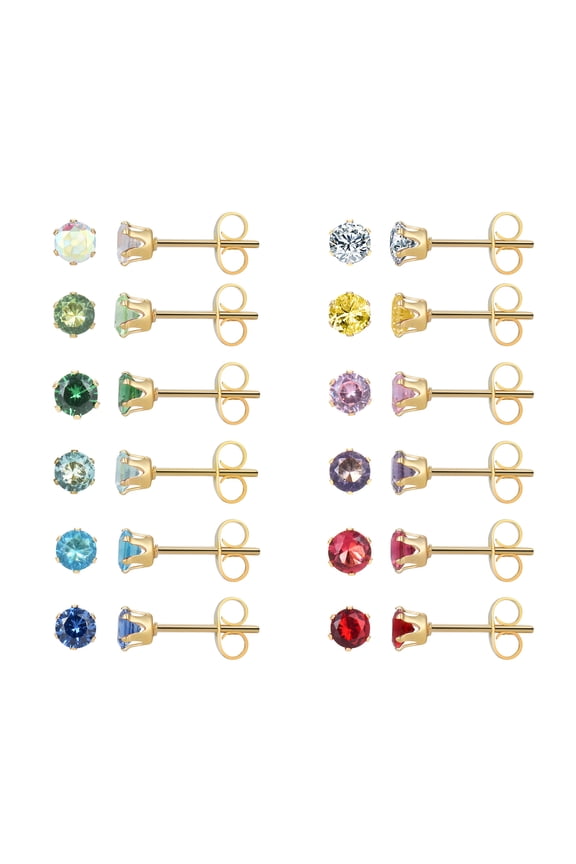 12 Pairs Surgical Stainless Steel Stud Earring Sets Birthstone Cubic Zirconia Stud Earrings for Women 3 4 5 6mm