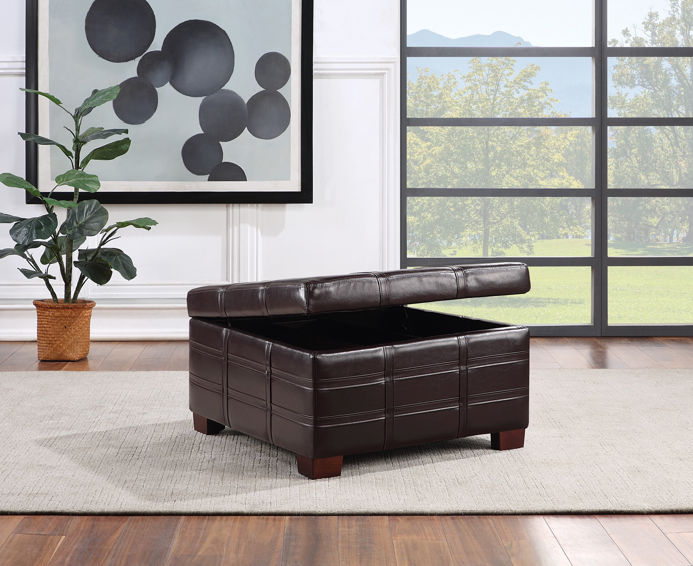 Detour Strap Square Storage Ottoman in Espresso Faux Leather