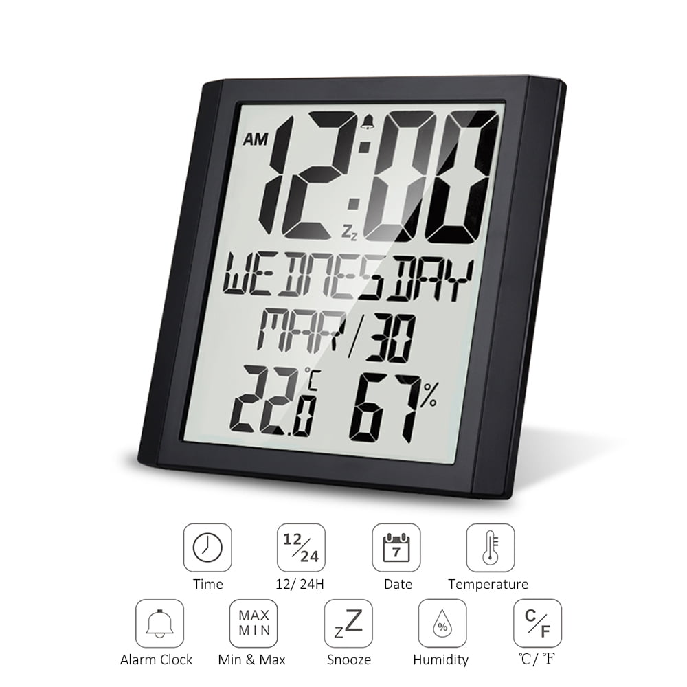 Digital Wall Clock Snooze Home Desk Large Display Temperature Alarm Timer w/ LCD 
