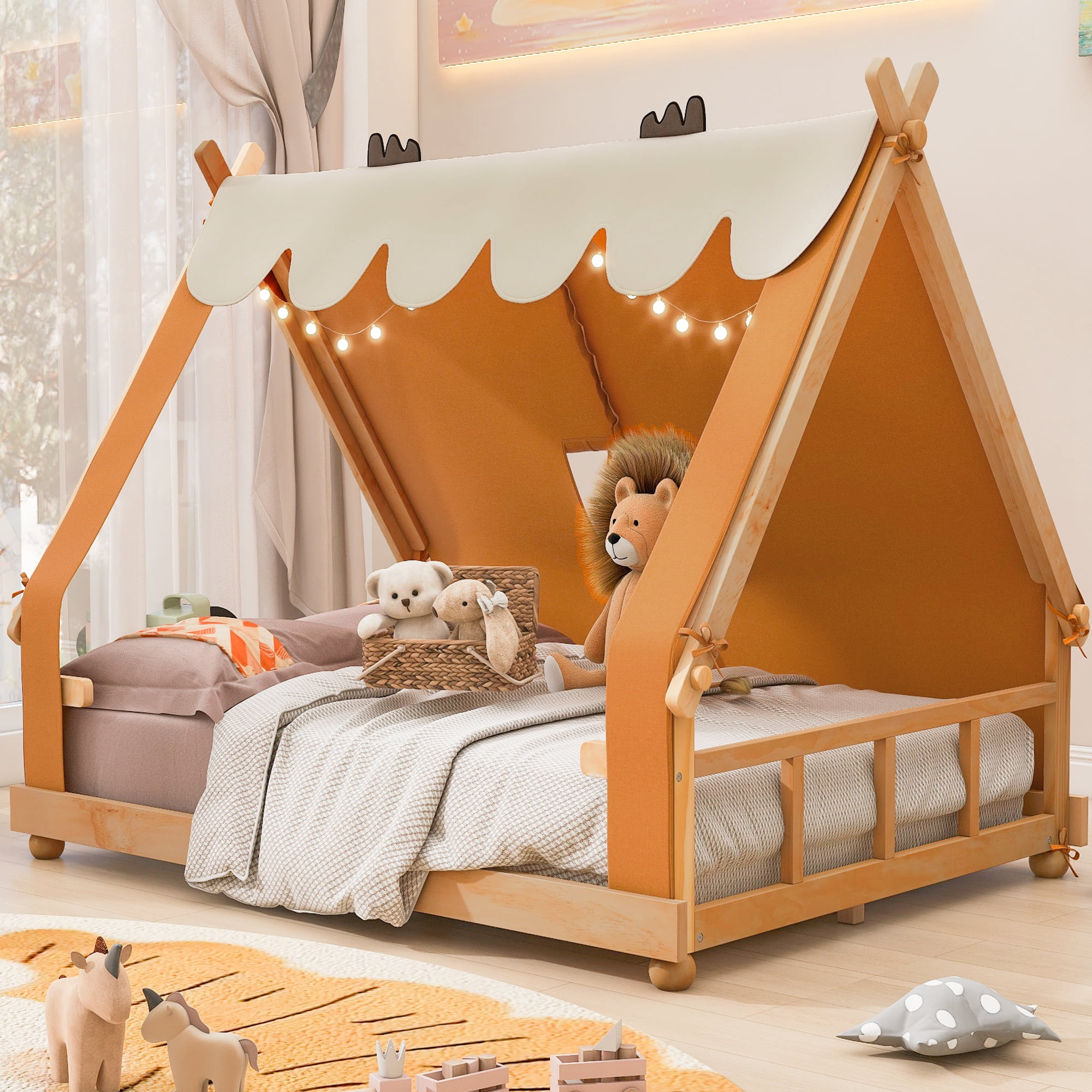 Full Size House Bed with Tent and Light,Brown