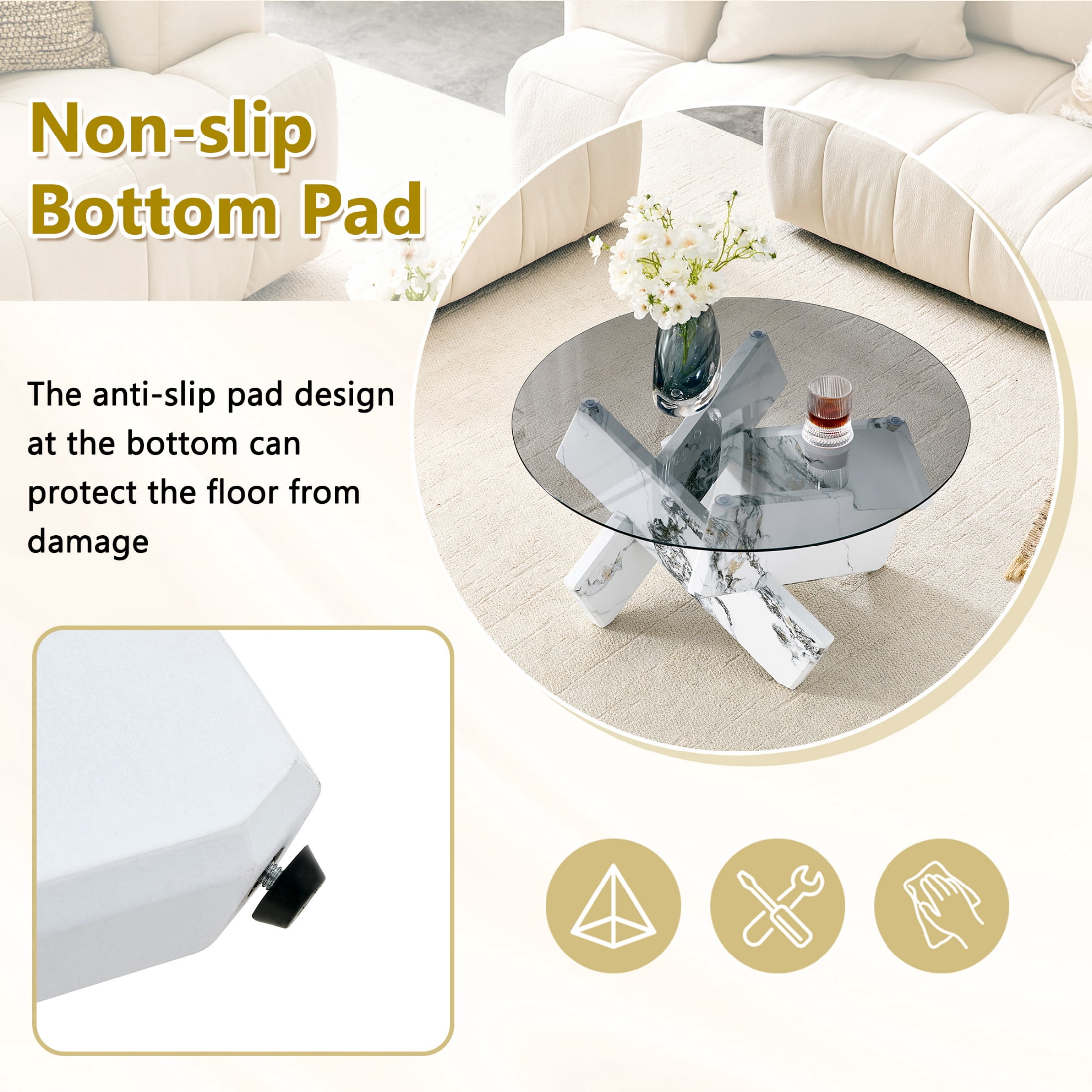 Vinform Round Coffee Table for Living Room, Gray Glass, White