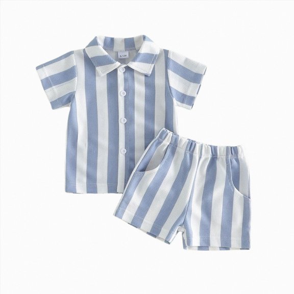 KPOPLK Toddler Baby Boy Clothes Summer Outfits Kids Print Short Sleeve Button Up Shirt & Casual Beach Shorts Set 1-6 Years(6-12M,Blue)