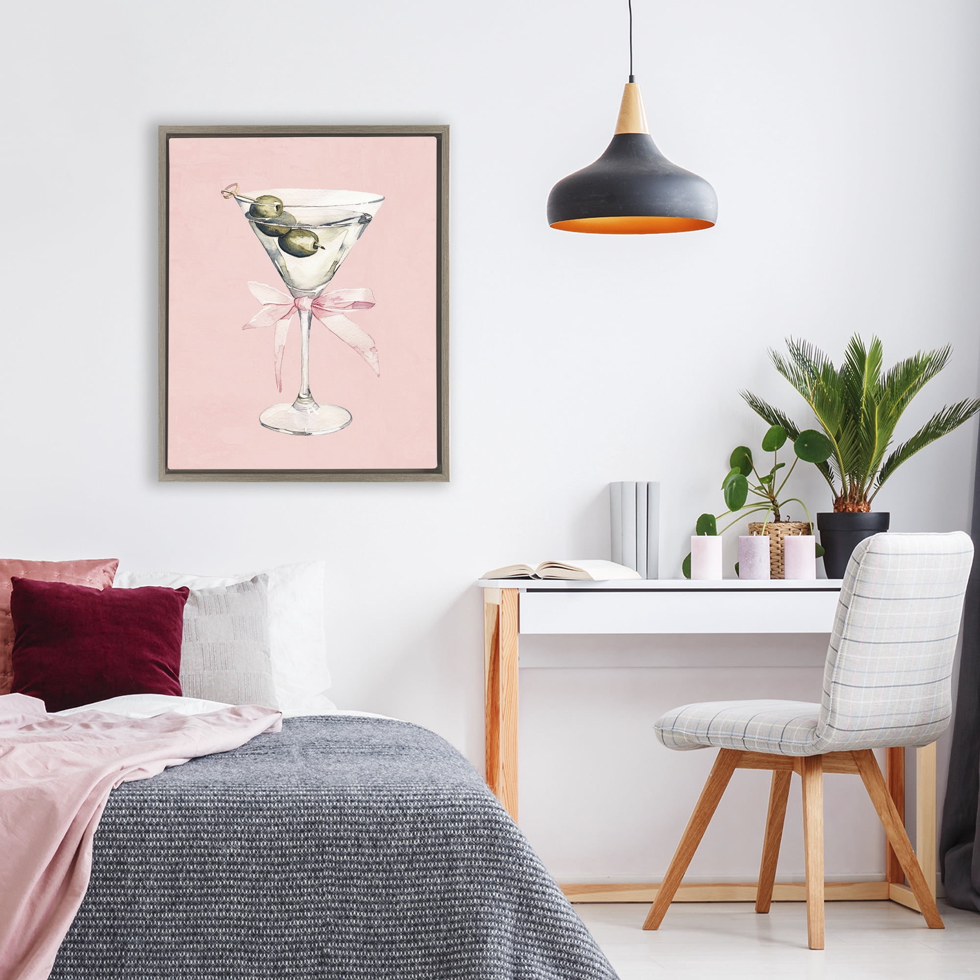Stupell Industries Martini with Pink Bow Brown Framed Floater Canvas Wall Art, design by Kim Allen