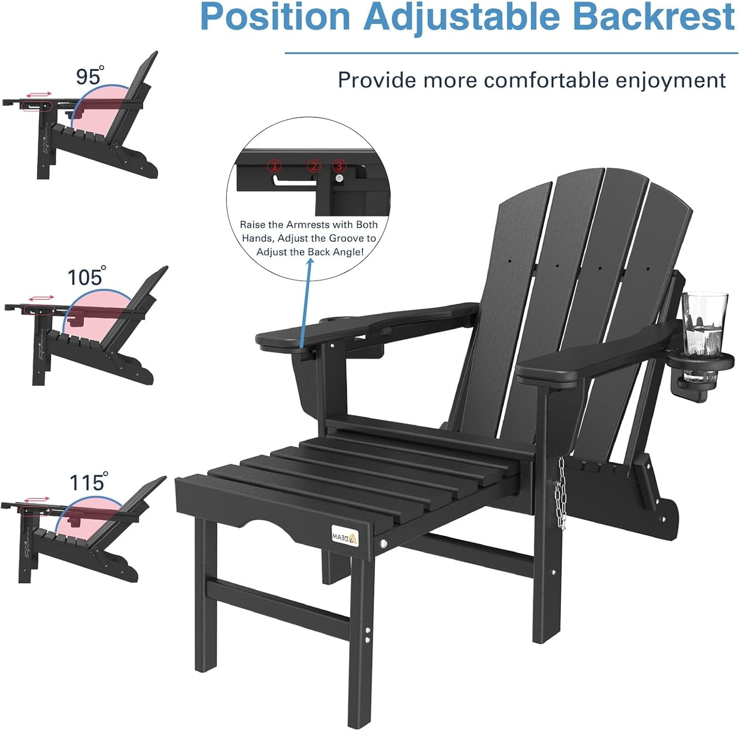 Erinnyees 3-Level Adjustable Adirondack Chair with Retractable Ottoman, HDPE All-Weather Folding Fire Pit Chair with 2 Cup Holders, Outdoor Chair for Deck Patio Garden Backyard Lawn