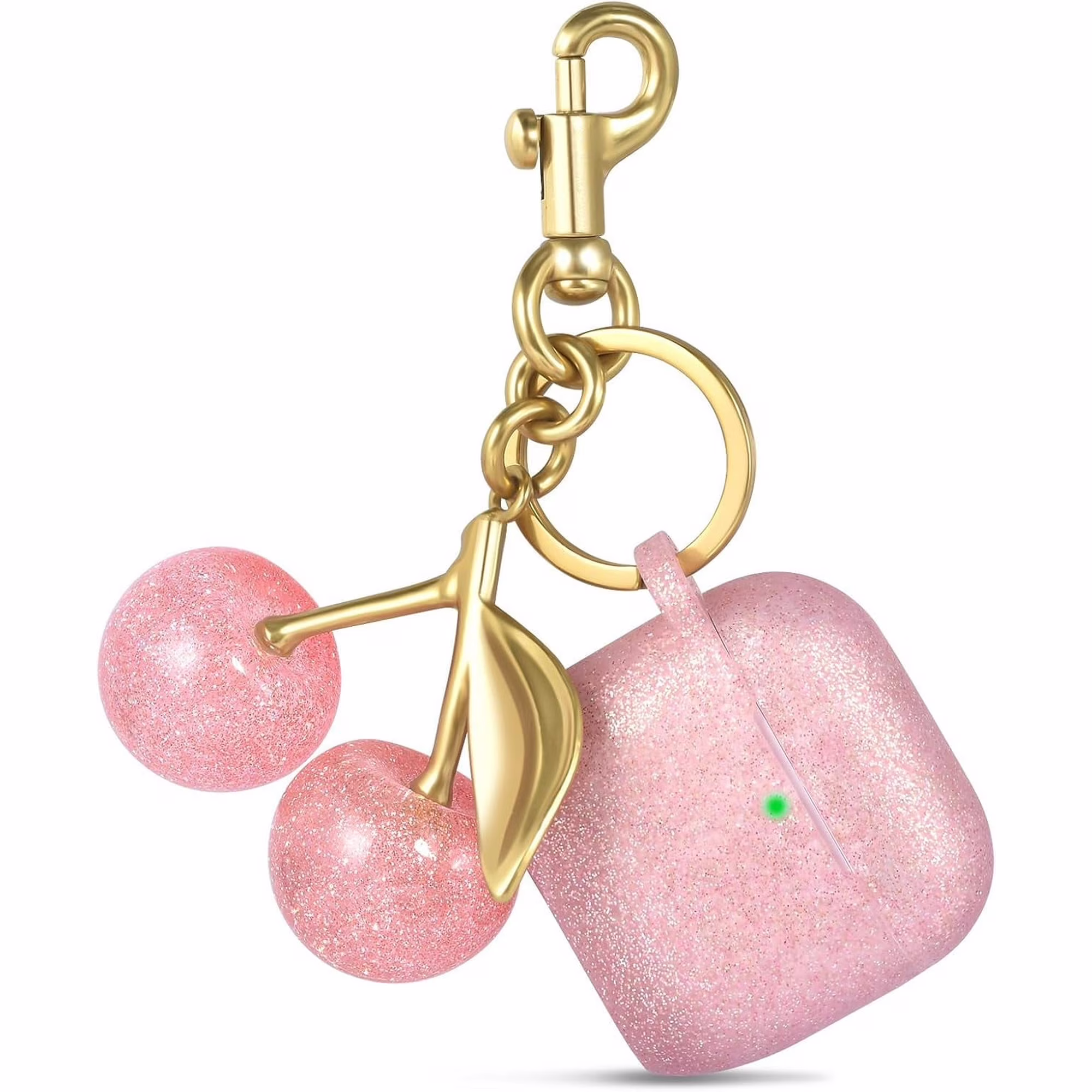 Ladies cherry keychain protective case for Apple AirPods 3- Soft silicone drop resistant wireless charging case for third-generation AirPods - Cute headphone protective case (shimmering pink)