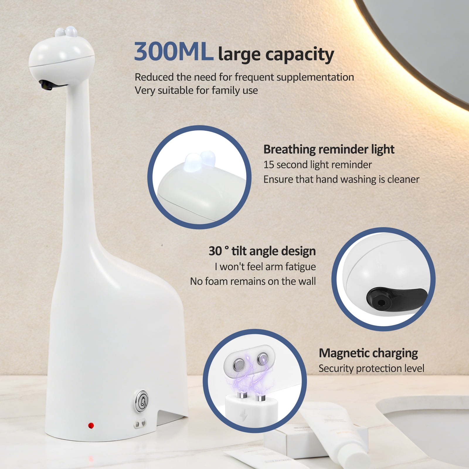 NUAHRHY Automatic Foaming Soap Dispenser, Giraffe Shaped 10oz Touchless Smart Dispenser, Whimsical Design Rechargeable with Infrared Sensor IPX5 Waterproof for Bathroom Kitchen, Unique Decor