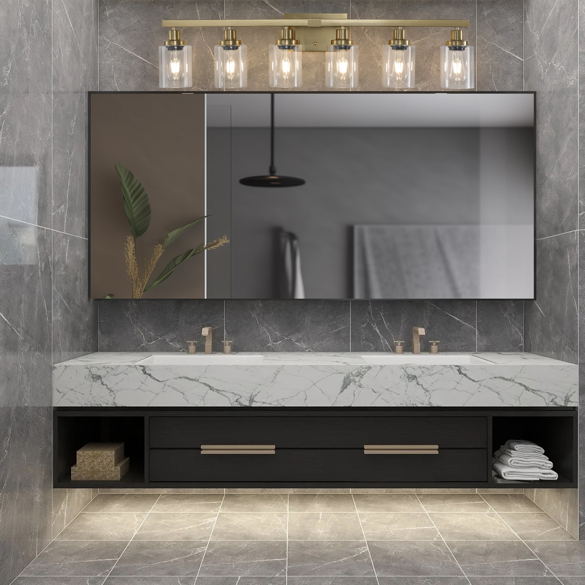 37" Golden 6-Light Vanity Light with Clear Glass Shades, Modern Iron Metal Bathroom Wall Fixture for Mirror, Ideal for Bathroom and Dressing Table (No Bulbs)