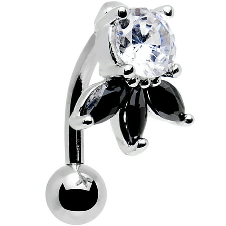 Clear Belly Barbell - Body Candy Stainless Steel Barbell Clear and Black Accent Flower Flip Reversible Belly Button Ring