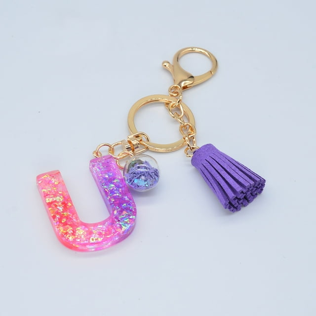 Hangs 2 Resin Glittering Letter Keychain with Color Stitching Flowing Design Purple Drop Glue English Character Key Chain for Daily Use