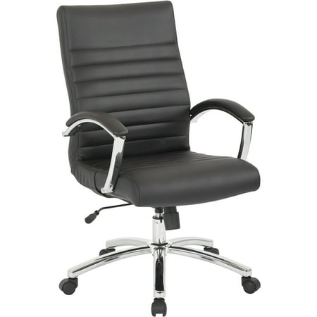 UPC: 0090234371519 | Office Star Products Executive Mid-Back Chair in Black Faux Leather with Padded Arms and Chrome Finish Base