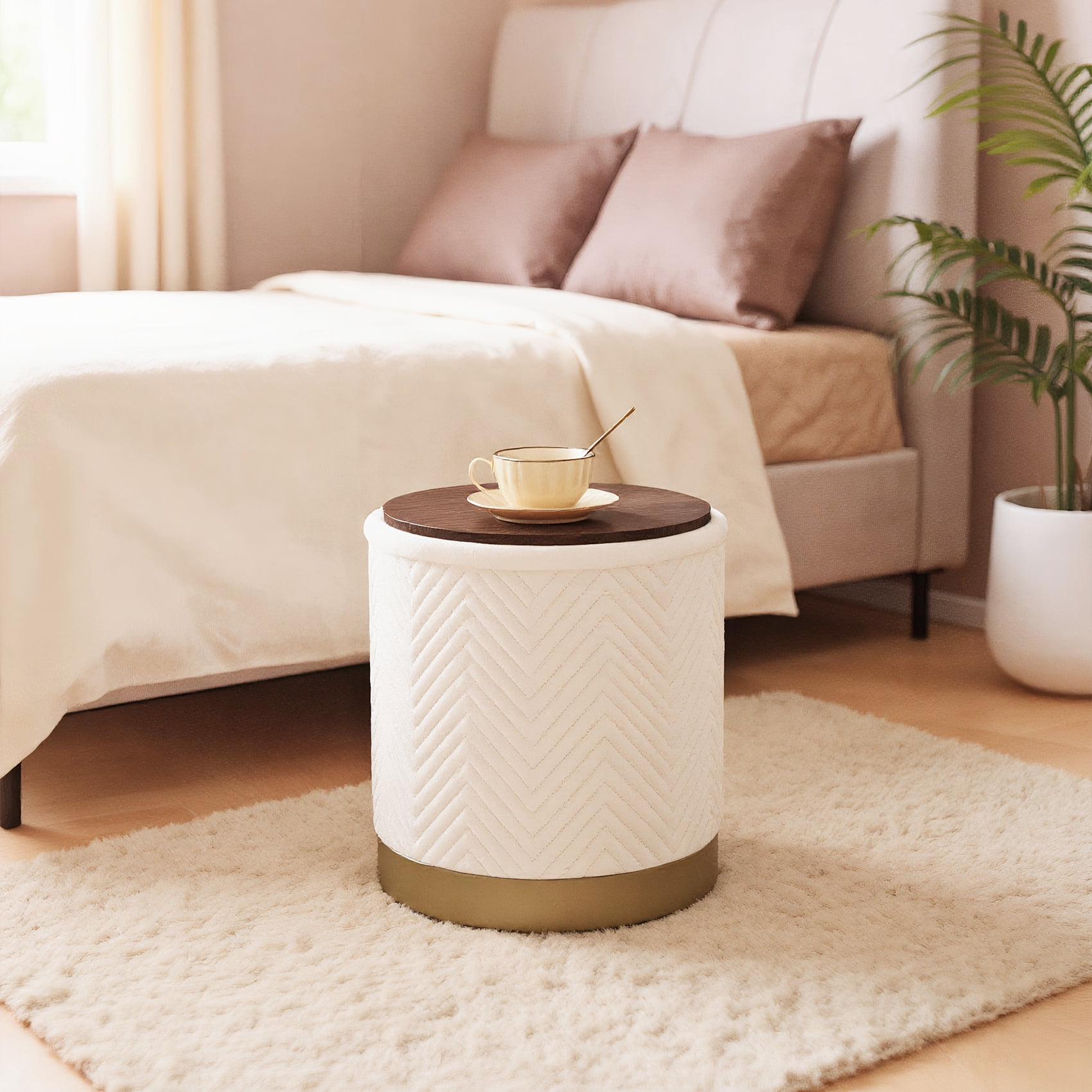 PINPLUS 15" Round Storage Ottoman with Tray Gold Edge Stool Leg Foot Rest for Living Room White,Velvet Fabric