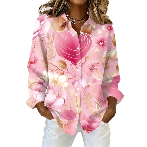 Kixjoy Collared Shirts for Women Long Sleeve Button Down V Neck Shirts Dressy Lounge Valentine Blouse Lightweight Plus Size Womens T Shirts, Pink 3XL