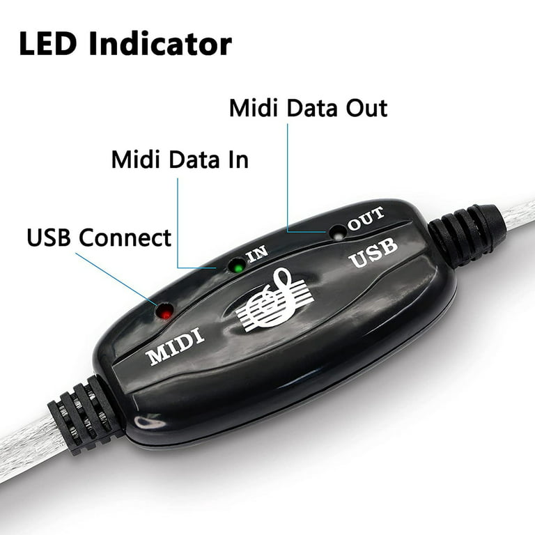 USB MIDI Cable Adapter, USB Type A Male to MIDI Din 5 Pin In-Out Cable  Interface with LED Indicator for Music Keyboard 