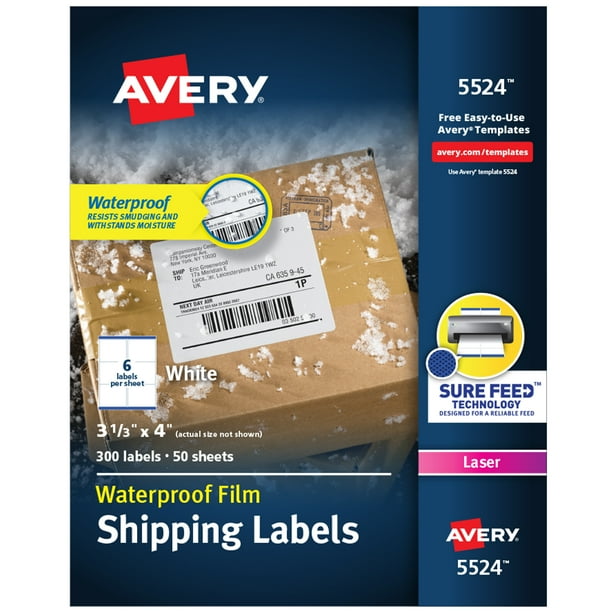 Avery Waterproof Labels, Sure Feed, 31/3" x 4", 300 Labels (5524)