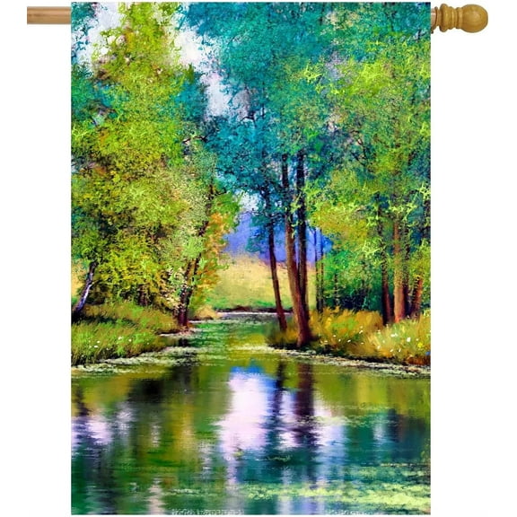 Oil Painting Landscape Flowers Trees Forest Lake Autumn Summer Spring Seasonal House Flag 28" x 40" Double Sided Polyester Welcome Large Yard Garden Flag for Patio Lawn Home Outdoor Decor